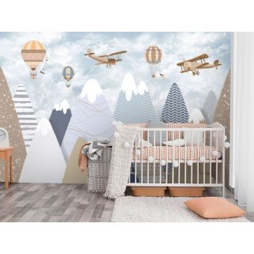 Обои виниловые на флизелине Design Studio 3D (Дизайн Студио 3Д) Детские Разноцветные горы с самолетами Бесшовная Фреска Гранд (NKID-013)