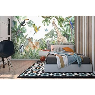 Обои виниловые на флизелине Design Studio 3D (Дизайн Студио 3Д) Детские Акварельные животные в тропической листве Бесшовная Фреска Ultra (NKID-014)