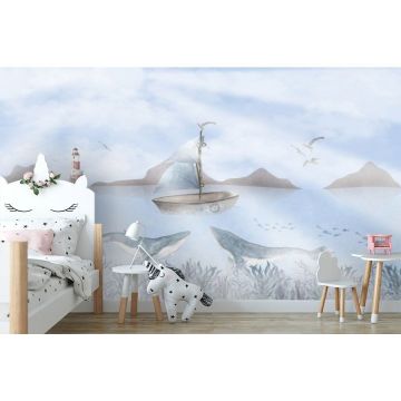 Обои виниловые на флизелине Design Studio 3D (Дизайн Студио 3Д) Детские Лодка над китами Канвас (NKID-015)