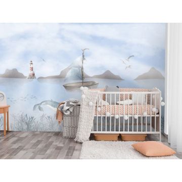 Обои виниловые на флизелине Design Studio 3D (Дизайн Студио 3Д) Детские Лодка над китами Акварель (NKID-015)