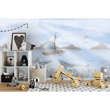 Обои виниловые на флизелине Design Studio 3D (Дизайн Студио 3Д) Детские Лодка над китами Бесшовная Фреска Ultra (NKID-015)