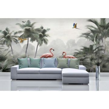 Обои виниловые на флизелине Design Studio 3D (Дизайн Студио 3Д) Джунгли Фламинго в листве на фоне гор Бесшовная Фреска Ultra (DJ-018)