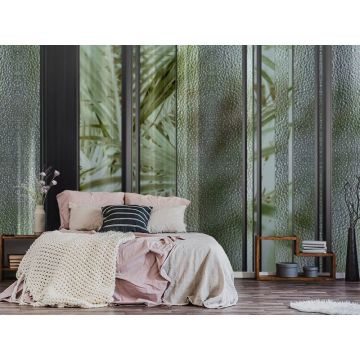 Обои виниловые на флизелине Design Studio 3D (Дизайн Студио 3Д) За стеклом Крупные яркие тропические листья за стеклом Песок (TG-002)