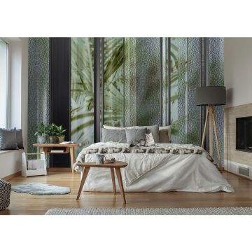 Обои виниловые на флизелине Design Studio 3D (Дизайн Студио 3Д) За стеклом Крупные яркие тропические листья за стеклом Акварель (TG-002)