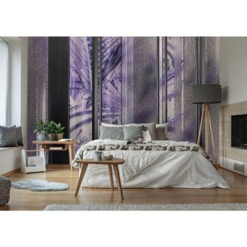 Обои виниловые на флизелине Design Studio 3D (Дизайн Студио 3Д) За стеклом Крупные фиолетовые тропические листья за стеклом Бесшовная Фреска Classic (TG-003)