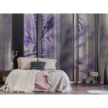 Обои виниловые на флизелине Design Studio 3D (Дизайн Студио 3Д) За стеклом Крупные фиолетовые тропические листья за стеклом Бесшовная Фреска Classic (TG-003)