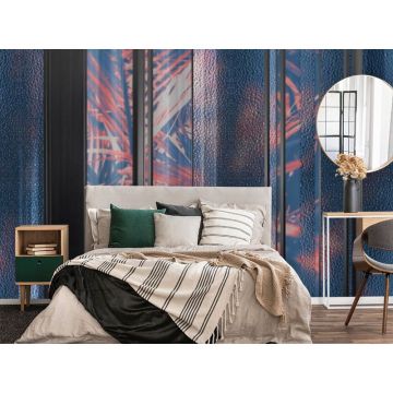 Обои виниловые на флизелине Design Studio 3D (Дизайн Студио 3Д) За стеклом Крупные красные тропические листья за стеклом Бесшовная Фреска Гранд (TG-004)