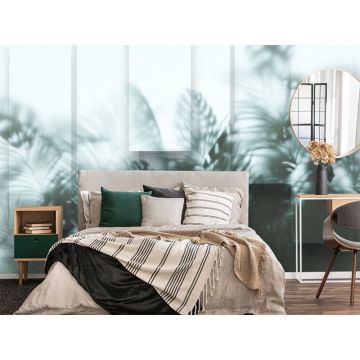 Обои виниловые на флизелине Design Studio 3D (Дизайн Студио 3Д) За стеклом Тропические листья в дымке за стеклянными панелями Бесшовная Фреска Classic (TG-006)