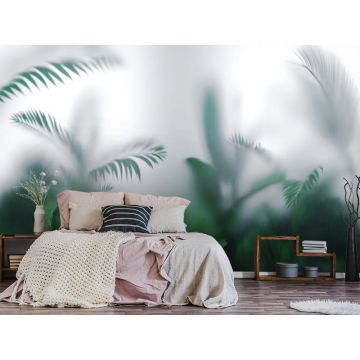 Обои виниловые на флизелине Design Studio 3D (Дизайн Студио 3Д) За стеклом Тропические листья в тумане Акварель (TG-009)