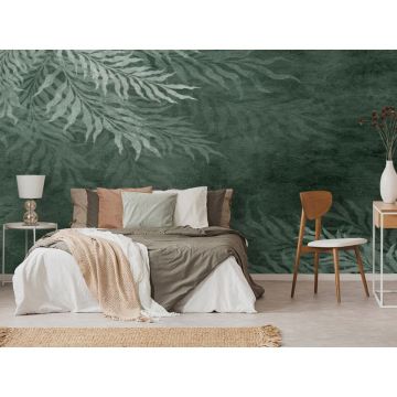 Обои виниловые на флизелине Design Studio 3D (Дизайн Студио 3Д) Изумруд Листья на бетоне в изумрудном цвете Бесшовная Фреска Гранд (EMD-003)