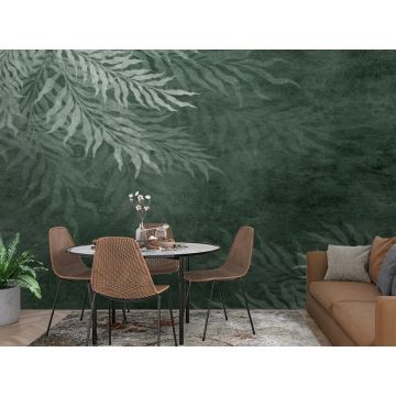 Обои виниловые на флизелине Design Studio 3D (Дизайн Студио 3Д) Изумруд Листья на бетоне в изумрудном цвете Бесшовная Фреска Classic (EMD-003)