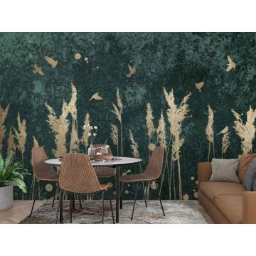 Обои виниловые на флизелине Design Studio 3D (Дизайн Студио 3Д) Изумруд Золотые колосья на бетоне в изумрудном цвете Канвас (EMD-005)