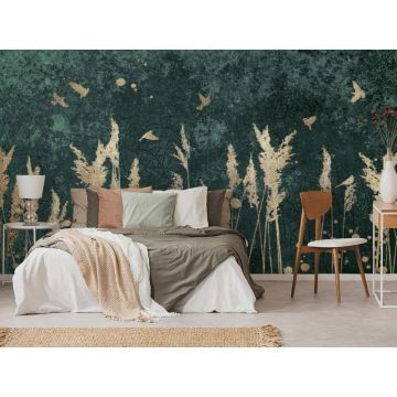 Обои виниловые на флизелине Design Studio 3D (Дизайн Студио 3Д) Изумруд Золотые колосья на бетоне в изумрудном цвете Канвас (EMD-005)