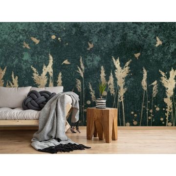 Обои виниловые на флизелине Design Studio 3D (Дизайн Студио 3Д) Изумруд Золотые колосья на бетоне в изумрудном цвете Акварель (EMD-005)