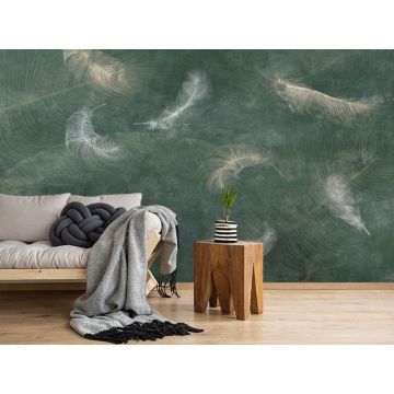 Обои виниловые на флизелине Design Studio 3D (Дизайн Студио 3Д) Изумруд Перья на изумрудном бетоне Акварель (EMD-009)