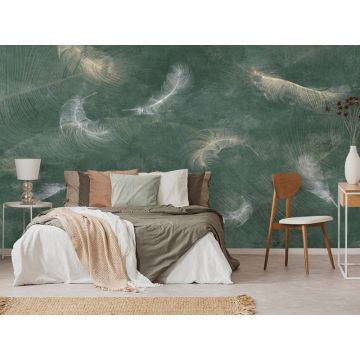 Обои виниловые на флизелине Design Studio 3D (Дизайн Студио 3Д) Изумруд Перья на изумрудном бетоне Бесшовная Фреска Classic (EMD-009)