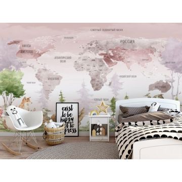 Обои виниловые на флизелине Design Studio 3D (Дизайн Студио 3Д) Карты Карта с лесными животными в розовых тонах Песок (CM-003)