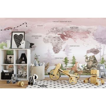 Обои виниловые на флизелине Design Studio 3D (Дизайн Студио 3Д) Карты Карта с лесными животными в розовых тонах Бесшовная Фреска Гранд (CM-003)
