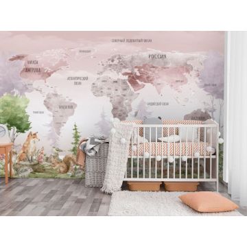 Обои виниловые на флизелине Design Studio 3D (Дизайн Студио 3Д) Карты Карта с лесными животными в розовых тонах Бесшовная Фреска Ultra (CM-003)