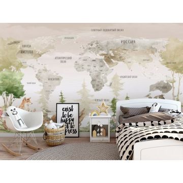 Обои виниловые на флизелине Design Studio 3D (Дизайн Студио 3Д) Карты Карта с лесными животными в желтых тонах Акварель (CM-004)