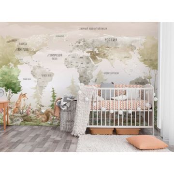 Обои виниловые на флизелине Design Studio 3D (Дизайн Студио 3Д) Карты Карта с лесными животными в желтых тонах Бесшовная Фреска Ultra (CM-004)