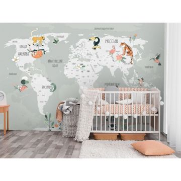 Обои виниловые на флизелине Design Studio 3D (Дизайн Студио 3Д) Карты Карта с животными на зеленом Канвас (CM-007)