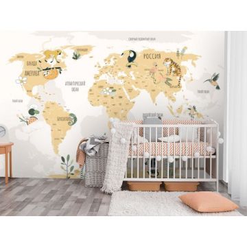 Обои виниловые на флизелине Design Studio 3D (Дизайн Студио 3Д) Карты Бежевая карта с животными Канвас (CM-008)