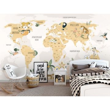 Обои виниловые на флизелине Design Studio 3D (Дизайн Студио 3Д) Карты Бежевая карта с животными Канвас (CM-008)