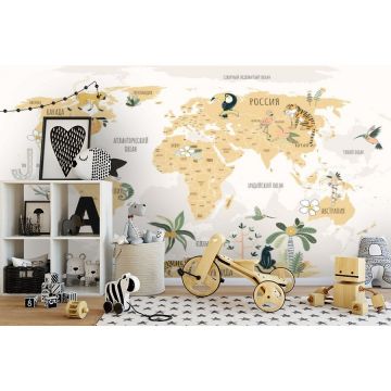 Обои виниловые на флизелине Design Studio 3D (Дизайн Студио 3Д) Карты Бежевая карта с животными Акварель (CM-008)