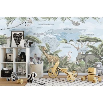 Обои виниловые на флизелине Design Studio 3D (Дизайн Студио 3Д) Карты Карта с животными саванны в холодных тонах Бесшовная Фреска Гранд (CM-011)