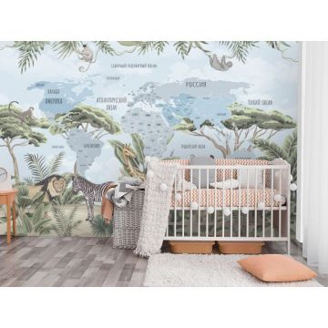 Обои виниловые на флизелине Design Studio 3D (Дизайн Студио 3Д) Карты Карта с животными саванны в холодных тонах Бесшовная Фреска Ultra (CM-011)