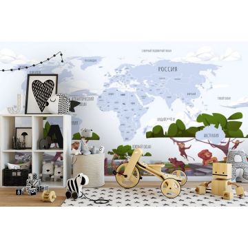 Обои виниловые на флизелине Design Studio 3D (Дизайн Студио 3Д) Карты Голубая карта с животными саванны Канвас (CM-014)