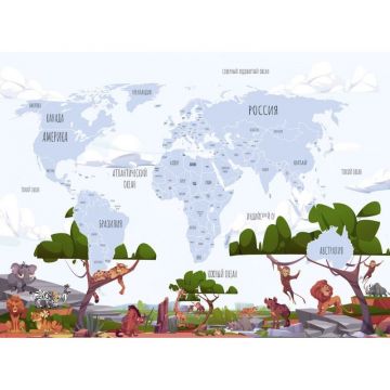 Обои виниловые на флизелине Design Studio 3D (Дизайн Студио 3Д) Карты Голубая карта с животными саванны Бесшовная Фреска Classic (CM-014)