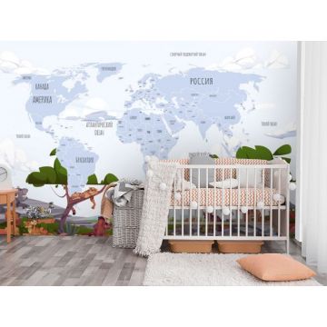 Обои виниловые на флизелине Design Studio 3D (Дизайн Студио 3Д) Карты Голубая карта с животными саванны Бесшовная Фреска Classic (CM-014)
