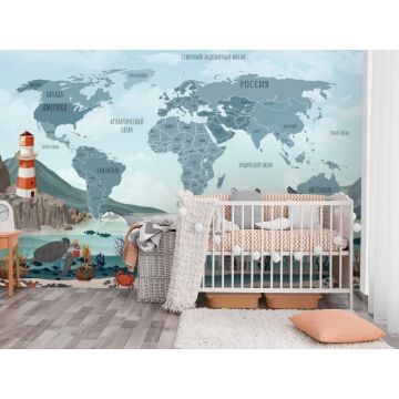 Обои виниловые на флизелине Design Studio 3D (Дизайн Студио 3Д) Карты Бирюзовая карта с морскими животными Акварель (CM-015)