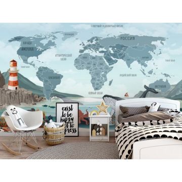 Обои виниловые на флизелине Design Studio 3D (Дизайн Студио 3Д) Карты Бирюзовая карта с морскими животными Бесшовная Фреска Гранд (CM-015)