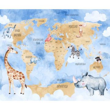 Обои виниловые на флизелине Design Studio 3D (Дизайн Студио 3Д) Карты Бежевая карта с животными на голубом Канвас (CM-017)