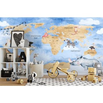 Обои виниловые на флизелине Design Studio 3D (Дизайн Студио 3Д) Карты Бежевая карта с животными на голубом Канвас (CM-017)