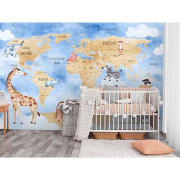 Обои виниловые на флизелине Design Studio 3D (Дизайн Студио 3Д) Карты Бежевая карта с животными на голубом Канвас (CM-017)