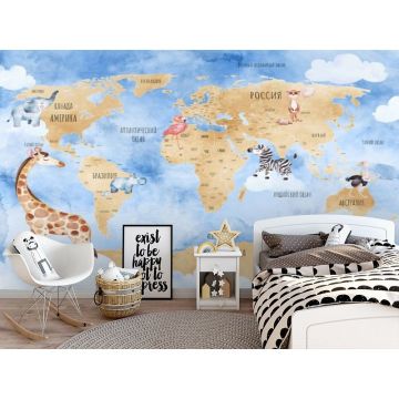 Обои виниловые на флизелине Design Studio 3D (Дизайн Студио 3Д) Карты Бежевая карта с животными на голубом Акварель (CM-017)