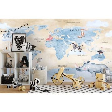 Обои виниловые на флизелине Design Studio 3D (Дизайн Студио 3Д) Карты Голубая карта с животными на бежевом Бесшовная Фреска Гранд (CM-018)