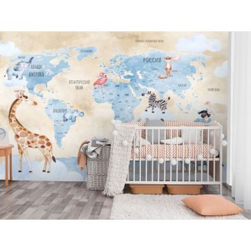 Обои виниловые на флизелине Design Studio 3D (Дизайн Студио 3Д) Карты Голубая карта с животными на бежевом Бесшовная Фреска Гранд (CM-018)