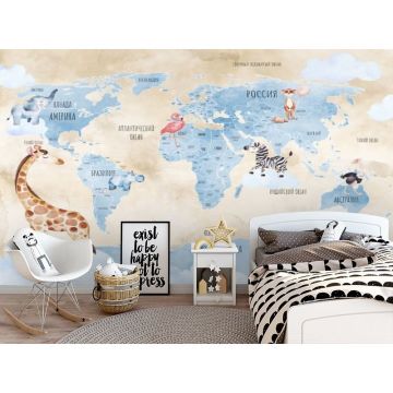 Обои виниловые на флизелине Design Studio 3D (Дизайн Студио 3Д) Карты Голубая карта с животными на бежевом Бесшовная Фреска Ultra (CM-018)