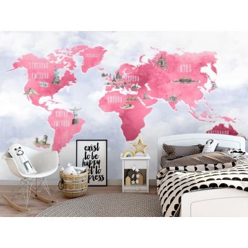 Обои виниловые на флизелине Design Studio 3D (Дизайн Студио 3Д) Карты Розовая карта с достопримечательностями Акварель (CM-024)