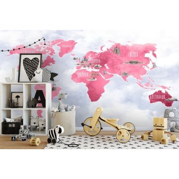 Обои виниловые на флизелине Design Studio 3D (Дизайн Студио 3Д) Карты Розовая карта с достопримечательностями Бесшовная Фреска Гранд (CM-024)