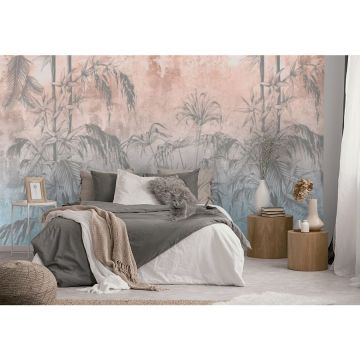 Обои виниловые на флизелине Design Studio 3D (Дизайн Студио 3Д) Нежность Бамбуковые листья на фоне гранж в красно-синих тонах Песок (NJ-001)