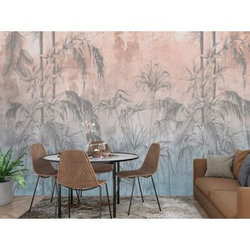 Обои виниловые на флизелине Design Studio 3D (Дизайн Студио 3Д) Нежность Бамбуковые листья на фоне гранж в красно-синих тонах Канвас (NJ-001)