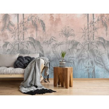 Обои виниловые на флизелине Design Studio 3D (Дизайн Студио 3Д) Нежность Бамбуковые листья на фоне гранж в красно-синих тонах Бесшовная Фреска Classic (NJ-001)