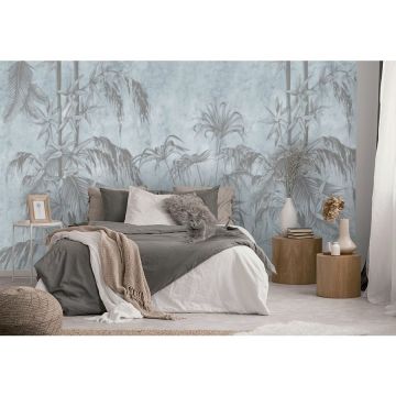 Обои виниловые на флизелине Design Studio 3D (Дизайн Студио 3Д) Нежность Бамбуковые листья на фоне гранж в голубых тонах Бесшовная Фреска Classic (NJ-002)