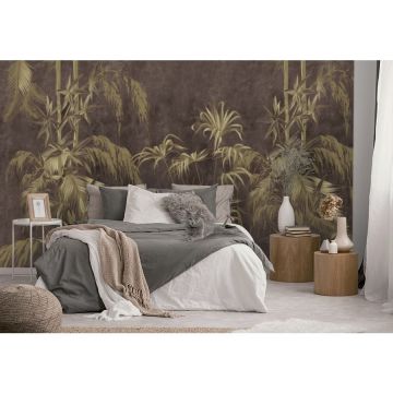 Обои виниловые на флизелине Design Studio 3D (Дизайн Студио 3Д) Нежность Бамбуковые листья на кричневом фоне Акварель (NJ-004)